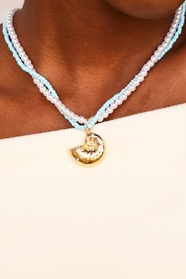 LAYERED BEAD AND PEARL SHELL PENDANT NECKLACE