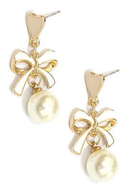 HEART STUDS WITH DANGLING BOW AND PEARL