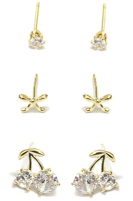 THREE PAIRS OF BRASS AND CZ STUD EARRINGS