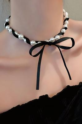 PEARL AND SATIN BOW WRAP CHOKER NECKLACE