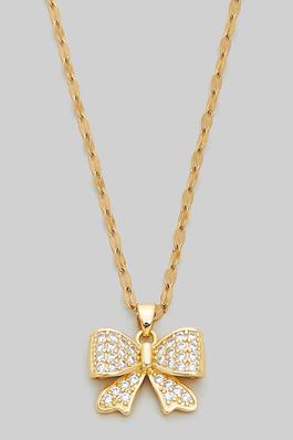 BRASS CHAIN NECKLACE WITH CZ PAVE BOW PENDANT