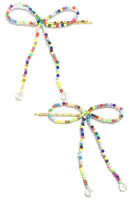 MULTI COLOR BEADED BOW HAIR PIN SET