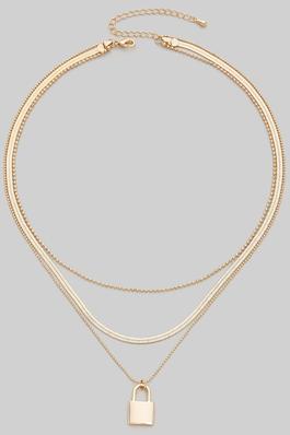 DAINTY LAYERED CHAIN NECKLACE WITH LOCK PENDANT