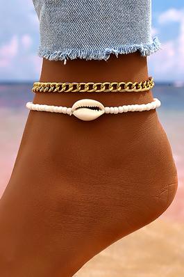 LAYERED CHAIN AND STRETCH BEADED SHELL ANKLET