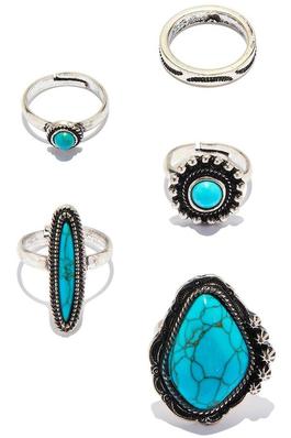 Mixed five piece Western turquoise stone ring set.