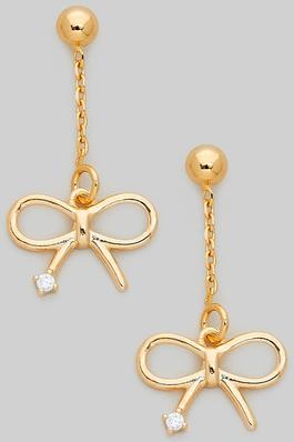 BOW AND CHAIN DROP EARRINGS WITH CZ ACCENTS