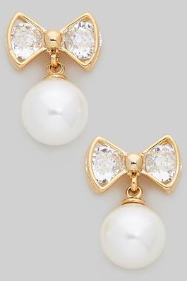 BOW AND PEARL DANGLE EARRINGS WITH CZ ACCENTS