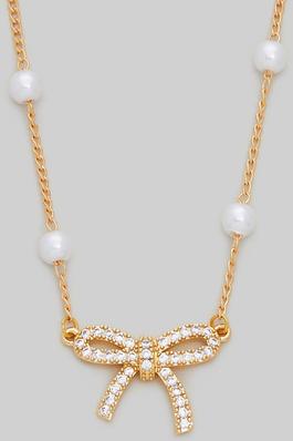 18K GOLD DIPPED PEARL BEADED NECKLACE WITH CZ BOW 