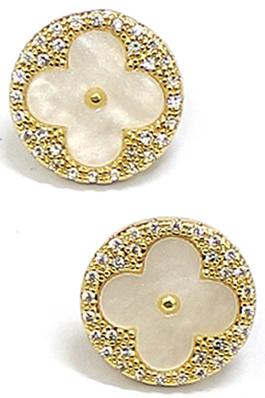 BRASS PEARL CLOVER POST EARRINGS WITH CZ PAVE