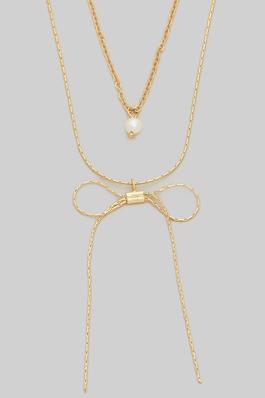 BOW AND PEARL PENDANT LAYERED NECKLACE