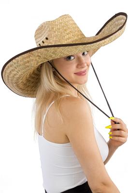 Vegan Leather Trim Extra Wide Straw Cowboy Hat