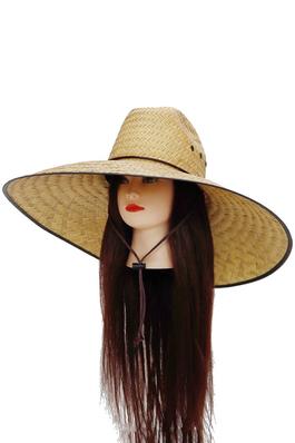 Vegan Leather Trim Extra Wide Straw Lifeguard Hat