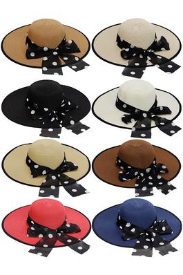Black Trim Polka Dot Ribbon Straw Floppy Sun Hat