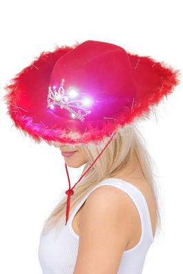 LED Light-Up Bling Tiara Feather Trim Cowgirl Hat