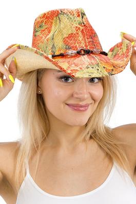 Floral Print Raffia Straw Cowboy Hat