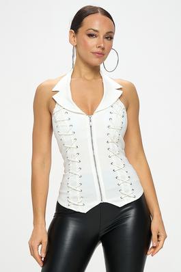 LACE UP COLLAR HALTER TOP