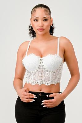 RHINESTONE EMBELLISHED FLORAL LACE BUSTIER