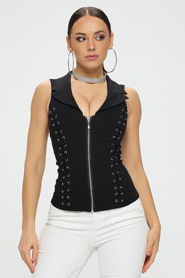 LACE-UP DETAIL FRONT COLLARED TOP