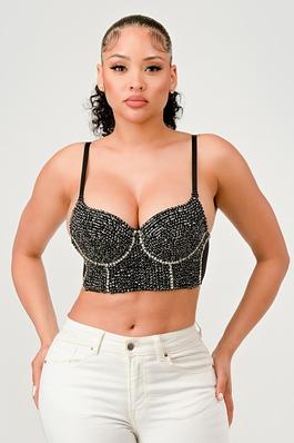 SEQUINED RHINESTONE TRIM EMBELLISHED CROPPED BUSTIER