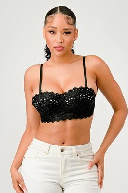 DIAMOND SHAPE CRYSTAL BEADED LACE BUSTIER TOP