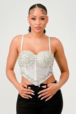 SEQUIN BEADED CRYSTAL STONE EMBELLISHED CORSET TOP