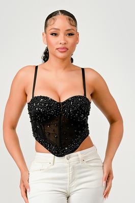 JEWEL BEAD EMBELLISHED MESH BONE CORSET