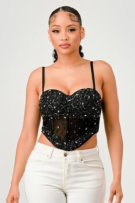 SEQUIN BEADED CRYSTAL STONE EMBELLISHED CORSET TOP