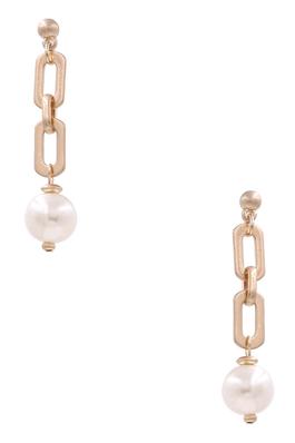 Metal link oval chain cream pearl charm drop earrings