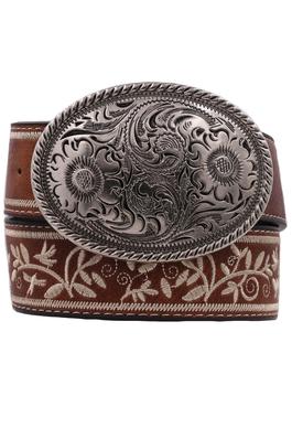 Metal Buckle Floral Embossed  Embroidered Belt