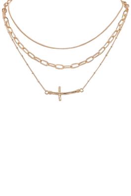 Metal Layered Chain Cross Pendant Necklace