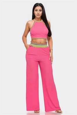  CROCHET THREAD ACCENTED CROP TOP AND PANTS SET