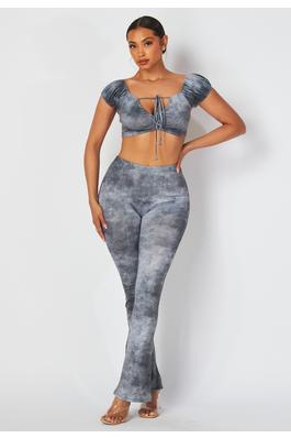 WASHED FABRIC CROP TOP AND MATCHING PANTS SET