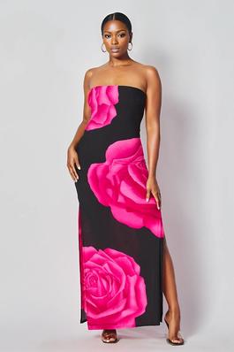 FLORAL PRINTED STRAPLESS MAXI DRESS.