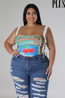 GRAPHIC FRONT LACE UP SIDE CROP TOP