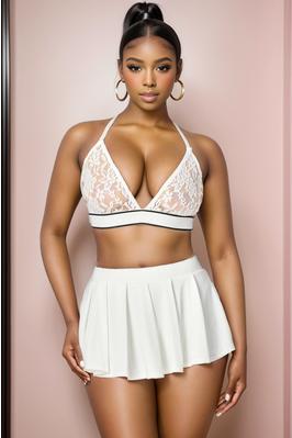 LACE BRA CROP TOP AND PLEATED SKIRT SET