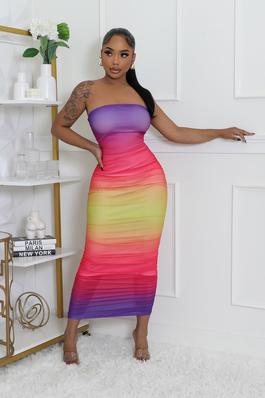 RAINBOW COLORED TUBE RUCHED DRESS