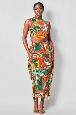 MULTI COLOR MOCK NECK TOP AND RUFFLE SKIRT SET