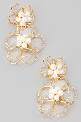 Metallic Flower Pearl Studs Drop Earrings