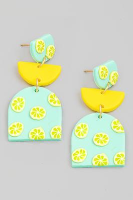 Layered Geo Shape Lemon Print Drop Earrings