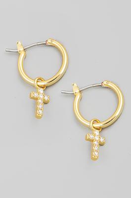 Pave Cross Hoop Huggie Earrings