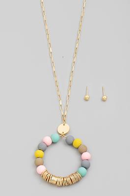 Round Bead Circle Cutout Long Pendant Necklace Set