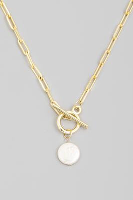 Toggle Chain Link Disc Pearl Charm Necklace
