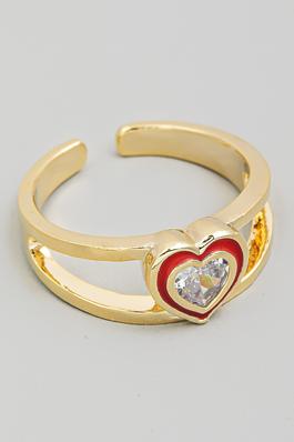 Enamel Rhinestone Heart Charm Ring