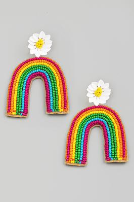 Beaded Rainbow Flower Drop Earrings