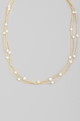 Layered Pearly Beaded Metallic Rope Chain Necklace