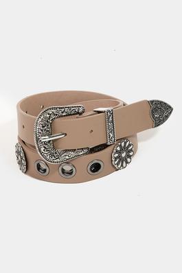 Etched Buckle Faux Leather Belt