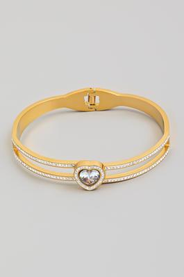 Pave Rhinestone Heart Stainless Steel Hinged Bracelet