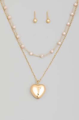 Metallic Heart Pendant Layered Chain Necklace Set