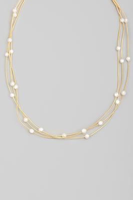 Layered Pearly Beaded Metallic Rope Chain Necklace