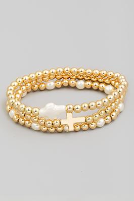 Cross Charm Pearl And Metallic Beaded Bracelet Set